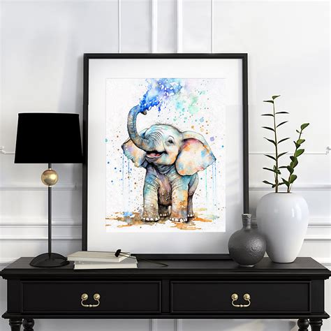 Baby Elephant Watercolor Oil Painting Art Print Nursery Room Wall Art Happy Baby Elephant ...