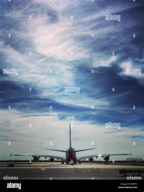 Airbus A380 awaits takeoff Stock Photo - Alamy