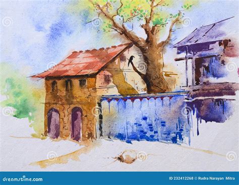 Bright Indian Village Watercolor Painting, Illustration Stock Illustration - Illustration of ...