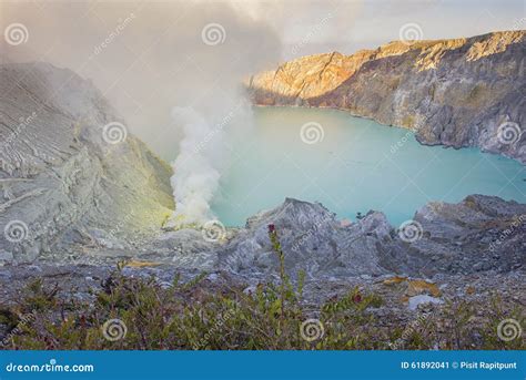 Kawah Ijen Crater at Sunrise Panoramic View, Indonesia. Stock Image - Image of asia, hole: 61892041