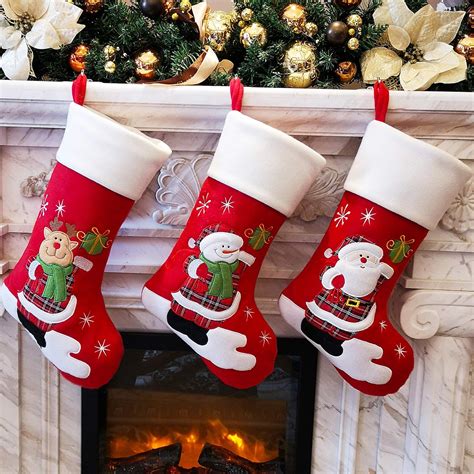 WEWILL Brand Red Traditional Christmas Stockings Set of 3 Santa Reindeer Snowman with Snowflake ...