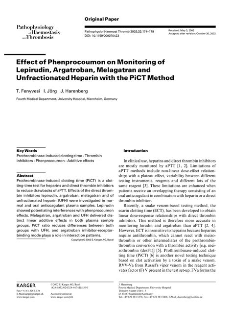 (PDF) Effect of Phenprocoumon on Monitoring of Lepirudin, Argatroban, Melagatran and ...