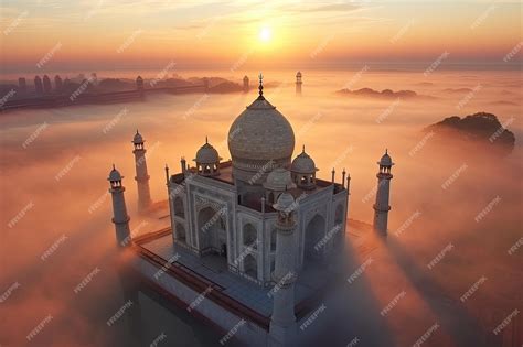 Premium AI Image | Aerial view of Taj Mahal in the Indian city of Agra Uttar Pradesh Morning fog ...