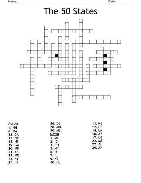 Us States Crossword Puzzle