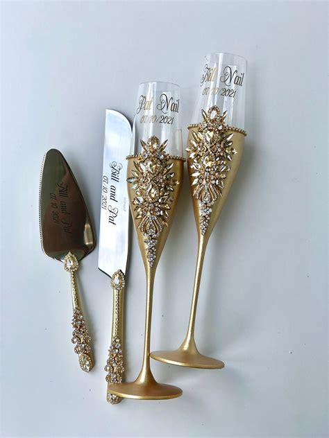 Gold Wedding Set of 4: Gold Champagne Flutes Cake Server Knife | Etsy