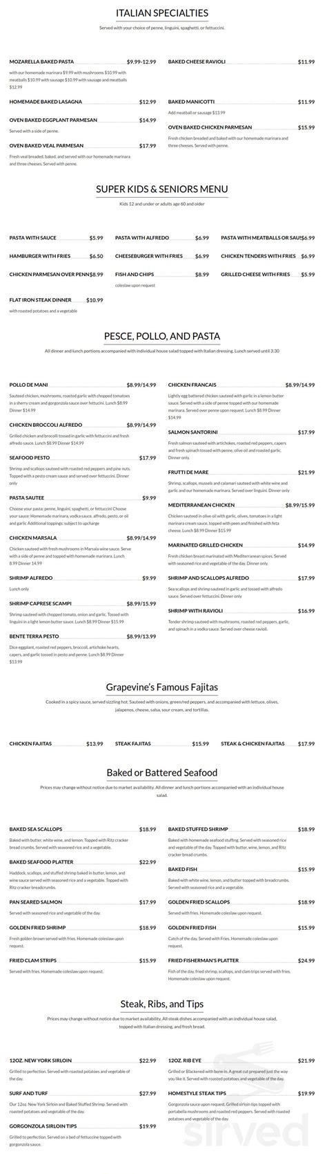 The Grapevine Grille menu in Belchertown, Massachusetts, USA