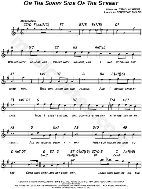 Jimmy McHugh "On the Sunny Side of the Street" Sheet Music (Leadsheet) in G Major (transposable ...