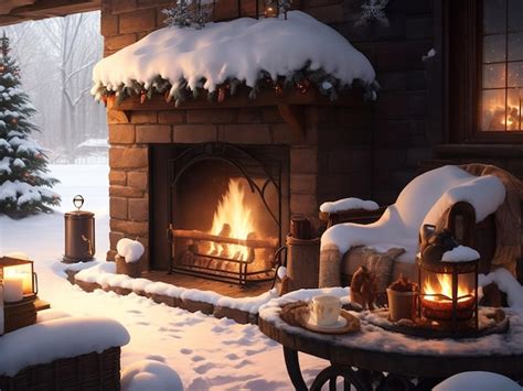 Premium AI Image | a cozy winter scene with a roaring fireplace and a ...