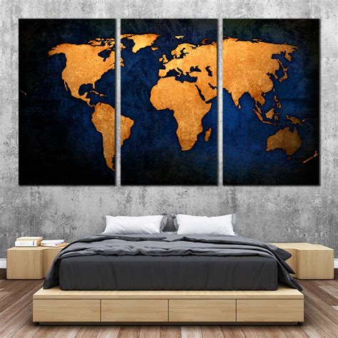 World Map Canvas Wall Art, Blue Background Map Triptych Multiple Canva – Dwallart