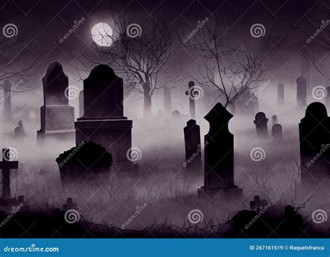 Creepy Cemetery in a Foggy Night Stock Illustration - Illustration of ...