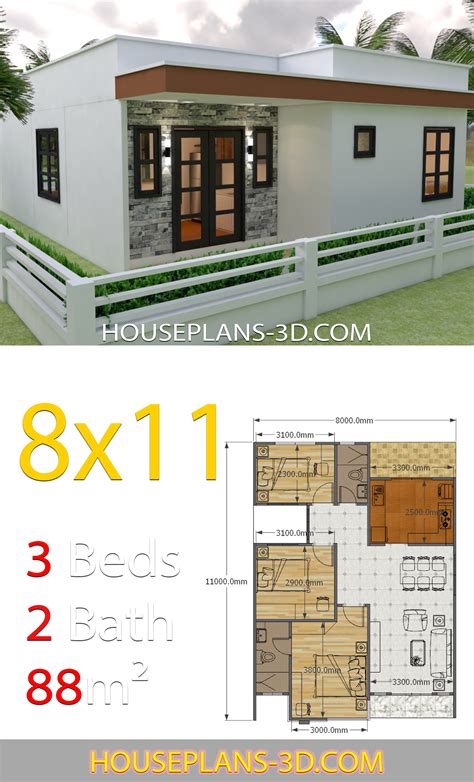 House Design 8x11 with 3 Bedrooms Full Plans - House Plans 3D