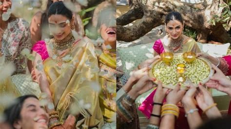 Athiya Shetty blushes in saree in pre-wedding ritual with KL Rahul. See new pics - India Today