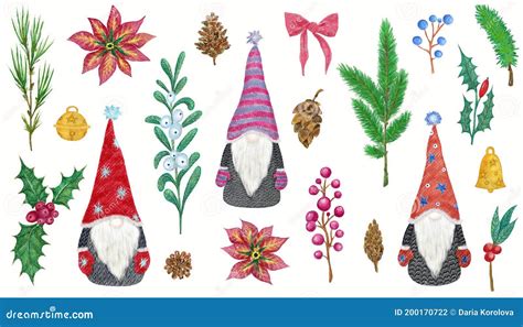 Christmas Set with Scandinavian Gnomes. Illustrations of Fir and ...