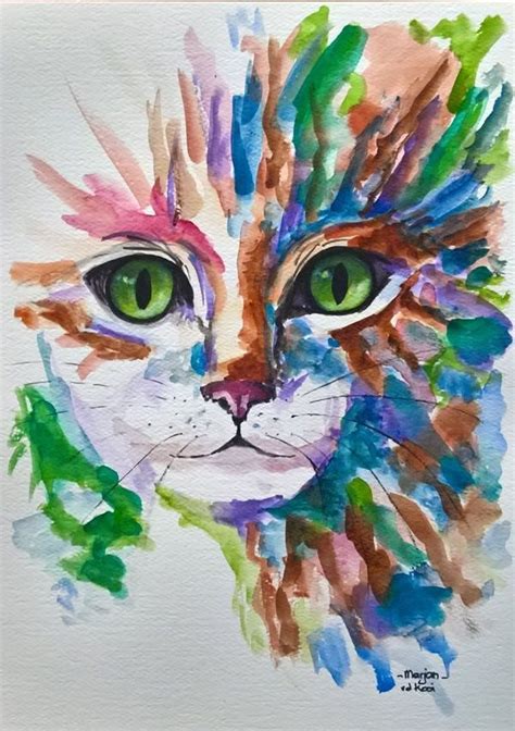 a watercolor painting of a cat's face with green eyes and colorful hair