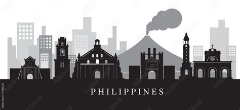 Philippines Landmarks Skyline in Black and White Silhouette Stock ...