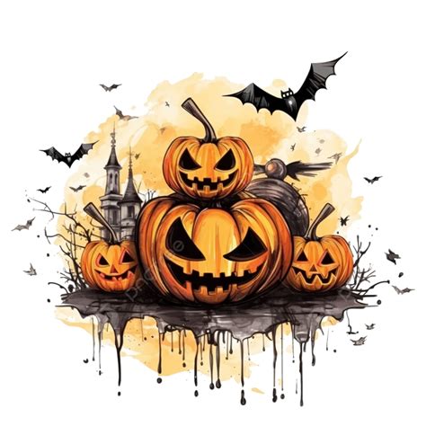 Happy Halloween Illustration With Pumpkin And Bats Flying, Halloween ...