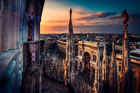 beautiful view at sunset from Duomo cathedral of Milan roof top – italian trave destination ...