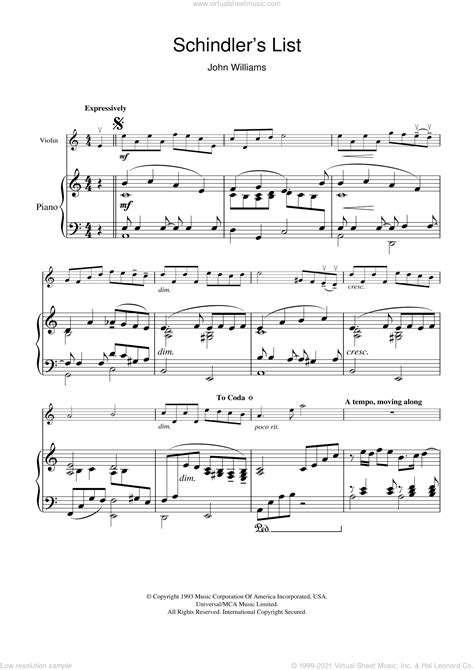 Theme From Schindler's List (simplified) sheet music for violin and piano