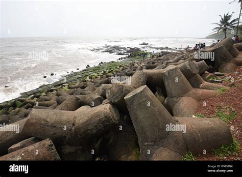 Concrete tetrapods are placed to prevent coastal erosion at the Anjuna beach in Goa, India Stock ...