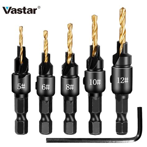 Vastar 5pcs Countersink Drill Woodworking Drill Bit Set Drilling Pilot Holes For Screw Sizes #5 ...