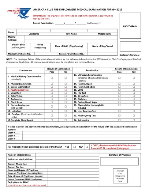 2019-2023 American Club Pre-employment Medical Examination FormFill ...