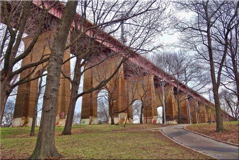 an image of a bridge that is going over some trees in the fall time with no leaves on it