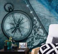 Old compass on blue world map wall mural - TenStickers