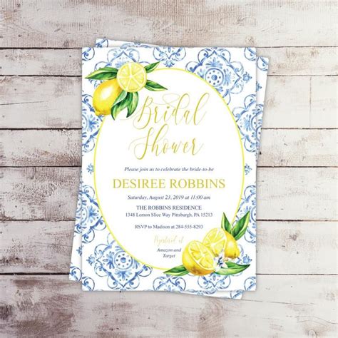 Lemon Bridal Shower Invitation Blue Tile Italian Bridal - Etsy | Bridal shower invitations ...