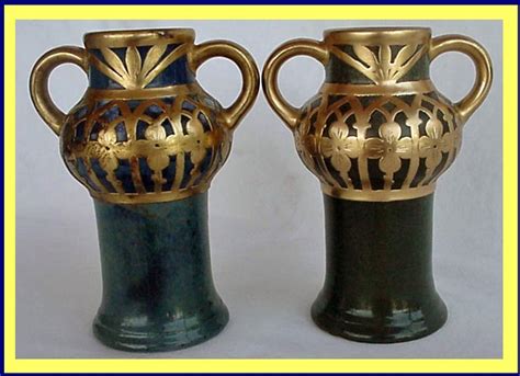 2 FRENCH NOUVEAU GOLD OVERLAY ART POTTERY VASES For Sale | Antiques.com | Classifieds