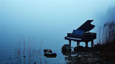 Piano Floating on Calm Water With Scenic View | Premium AI-generated image