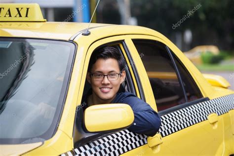 Portrait taxi driver smile car driving happy — Stock Photo © diego_cervo #53246545