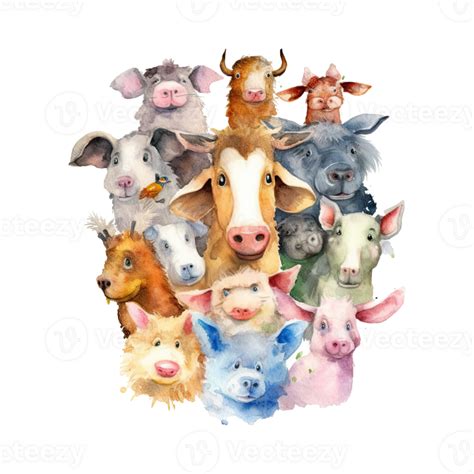 Watercolor farm animals. Cartoon farm animals isolated on transparent background. 24346415 PNG