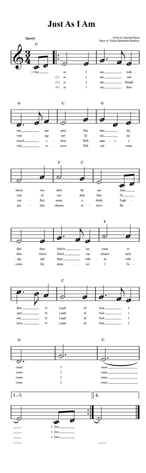 Just As I Am: Beginner Sheet Music with Chords and Lyrics