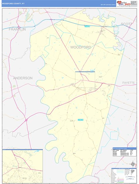 Woodford County, KY Zip Code Wall Map Basic Style by MarketMAPS - MapSales