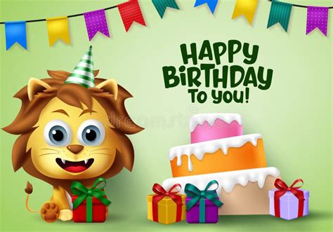 Happy Birthday Lion Vector Animal Party. Happy Birthday Greeting Text with Sitting Lion Animal ...