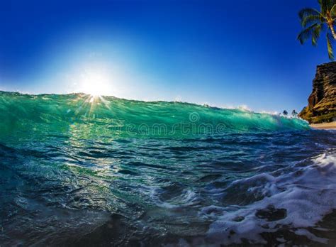 Ocean Green Blue Clear Wave with Bright Sun at Sunset Stock Photo - Image of beauty, paradise ...