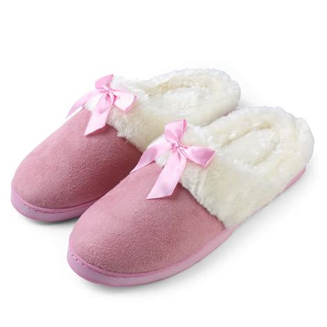 Aerusi - Women's Soft and Cozy Ribbon Bow Plush Slippers With No-Slip Rubber Sole For Indoor ...