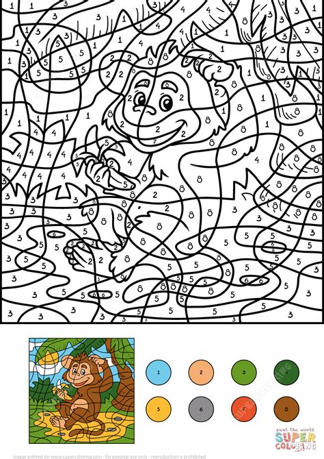 Monkey Animal with a Banana Color by Number | Free Printable Coloring Pages