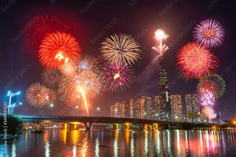 Celebration. Skyline with fireworks light up sky over Landmark 81 ...