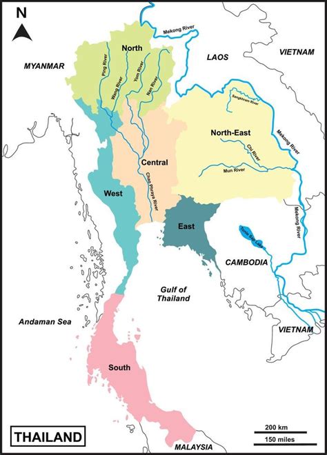 Map of Thailand includes regions Mekong River, Mun, Chi, Chao Phraya ...