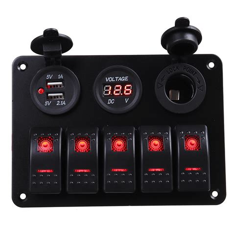 5 Gang Dual USB 12V On-Off LED Switch Panel Voltmeter Car Boat Marine ...