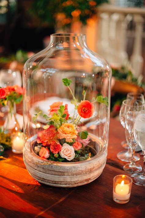 Glass Cloche Centerpieces with Succulents and Coral Flowers