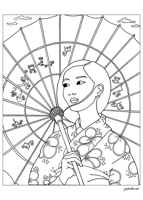 Young woman in Japan - Japan Adult Coloring Pages
