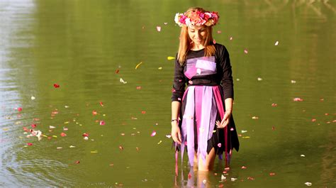 Free Images : water, nature, girl, reflection, color, clothing, blonde, wreath, petals, joy ...