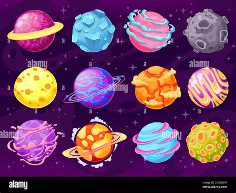 Fantasy planets. Colorful cosmic planet objects for game design fantastic galaxy world ...