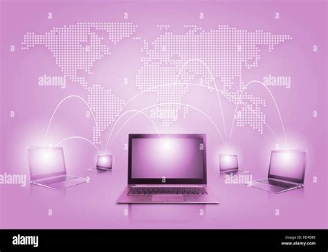 Laptops against world map background. Connection and cooperation Stock Photo - Alamy