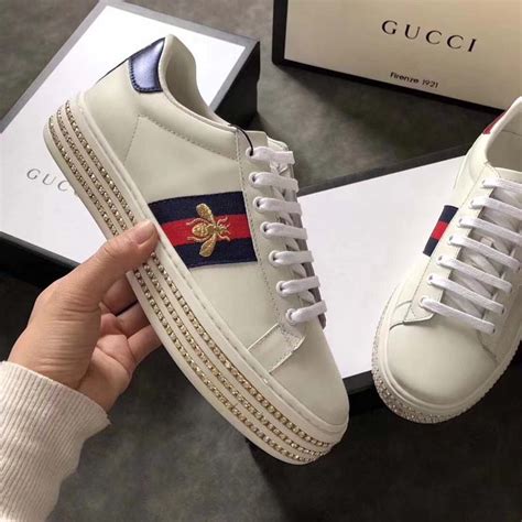 Gucci Women Ace Sneaker with Crystals White - LULUX