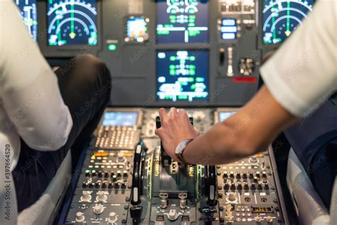 Gdansk, Poland - December 06, 2020: Illuminated cockpit of flight simulator for the training of ...