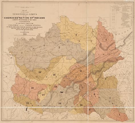 An 1884 map of the land surrendered by the Cherokee Nation to colonial governments and the ...