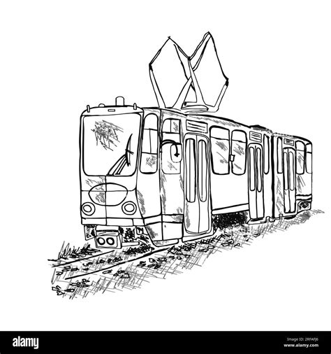 Tram on white background. Public transport. Hand drawn retro tram sketch.City trolley or ...